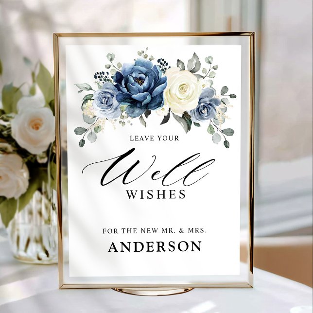 Dusty Blue Champagne Ivory Blommigt well Önskemål Poster (Dusty Blue Champagne Ivory Floral Well Wishes Poster)