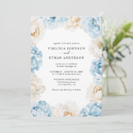 Dusty Blue Champagne Ivory Peonies Blommigt Bröllo Inbjudningar