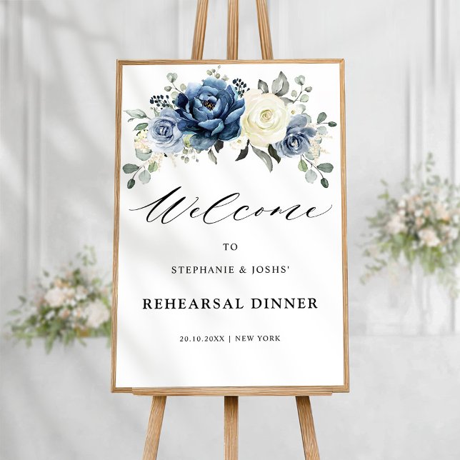 Dusty Blue Champagne Rehearsal Dinner Välkomspost Poster (Dusty Blue Champagne ivory floral  Rehearsal Dinner Welcome  Poster)