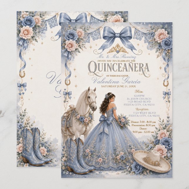 Dusty Blue Charra Quinceañera Inbjudan (Fram/baksida)