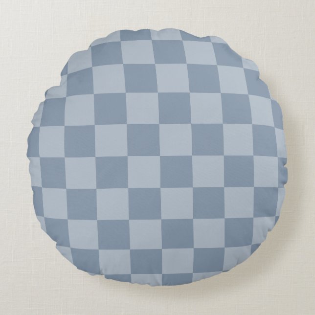 Dusty Blue Checkerboard Rund Kudde (Framsidan)