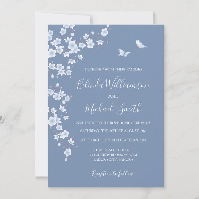 Dusty Blue Cherry Blossom | Wedding Inbjudningar (Framsida)