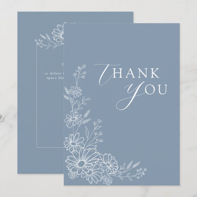 Dusty Blue Chic Botanical Daisy Garden Wedding Tack Kort (Fram/baksida)