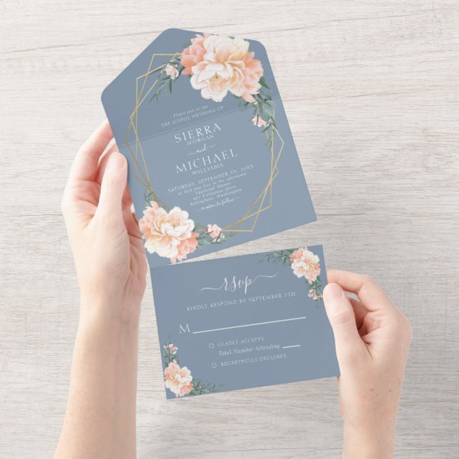Dusty Blue Chic  Guld Peach Blommigt Bröllop (Avrivbar del)
