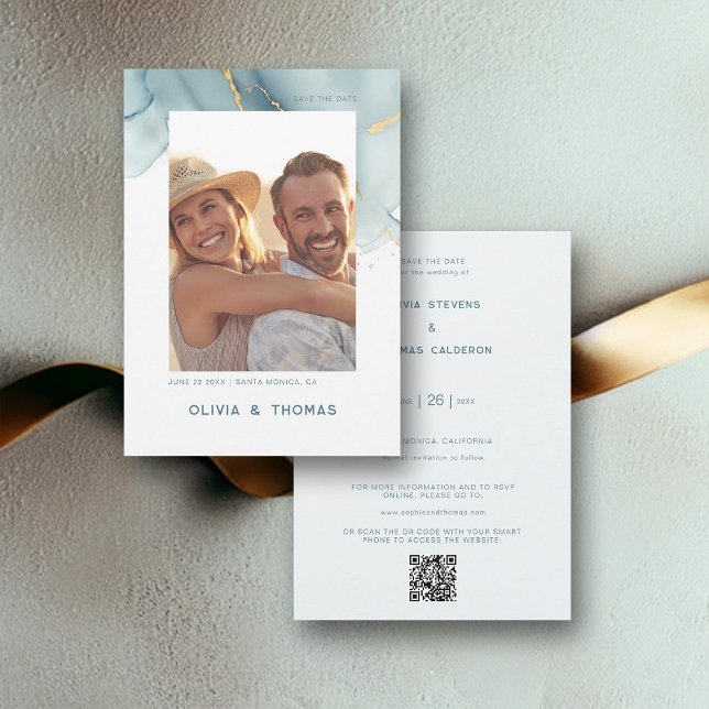 Dusty Blue Chic Modern Bröllop QR-fotodatum för Sp Inbjudningar (dusty blue qr code photo wedding save the date elegant bohemian modern romantic summer winter beach)