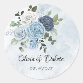 Dusty Blue Chic Watercolor Rustic Blommigt Bröllop Runt Klistermärke