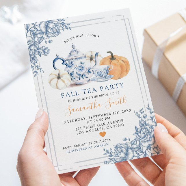 Dusty Blue Chinoiserie Autumn Pumpkin Tea Party Inbjudningar (Skapare uppladdad)