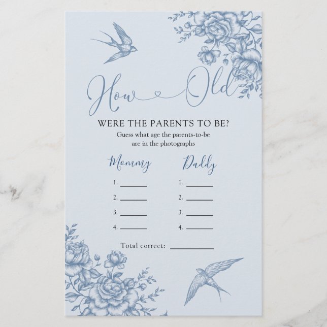 Dusty Blue Chinoiserie Baby Shower hur gamla föräl (Framsida)