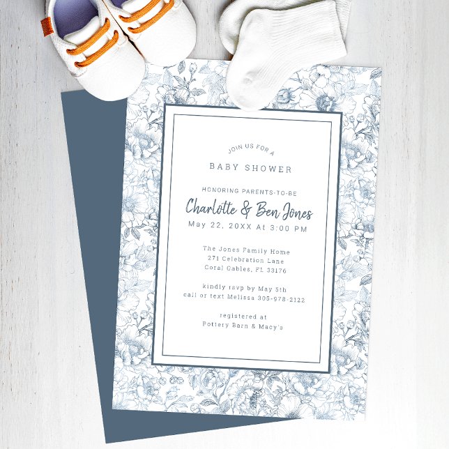Dusty Blue Chinoiserie Baby Shower-inbjudan Inbjudningar (Classic Baby Shower Invitation)