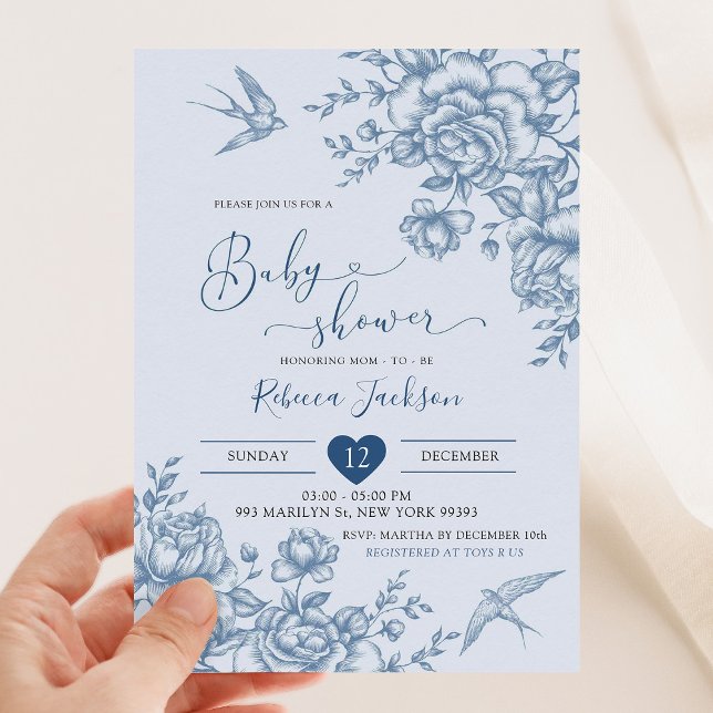 Dusty Blue Chinoiserie Baby Shower-inbjudan Inbjudningar (Skapare uppladdad)