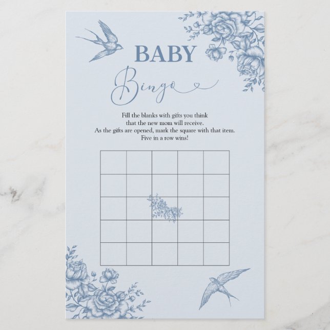 Dusty Blue Chinoiserie Bebis Shower Baby Bingo (Framsida)