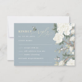 Dusty Blue Chinoiserie Bird Peony Bröllop OSA Kort
