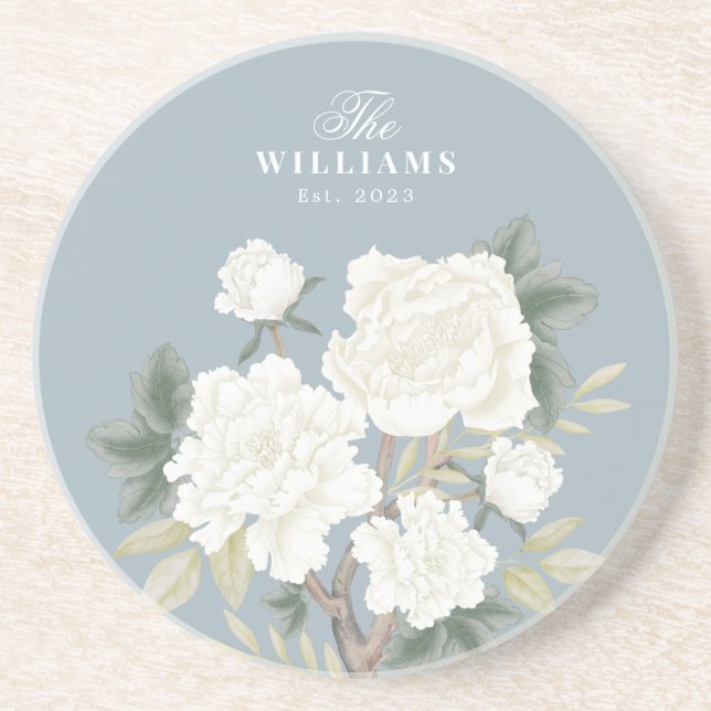 Dusty Blue Chinoiserie Blommigt Family Monogram Underlägg (Framsidan)