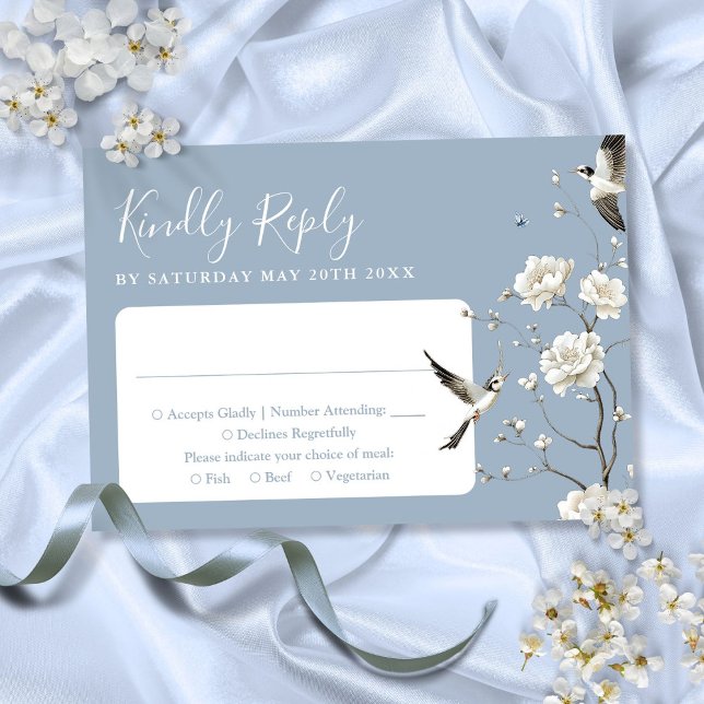 Dusty Blue Chinoiserie Blommigt Garden Wedding OSA Kort (Dusty Blue Chinoiserie Floral Garden Wedding RSVP Card)