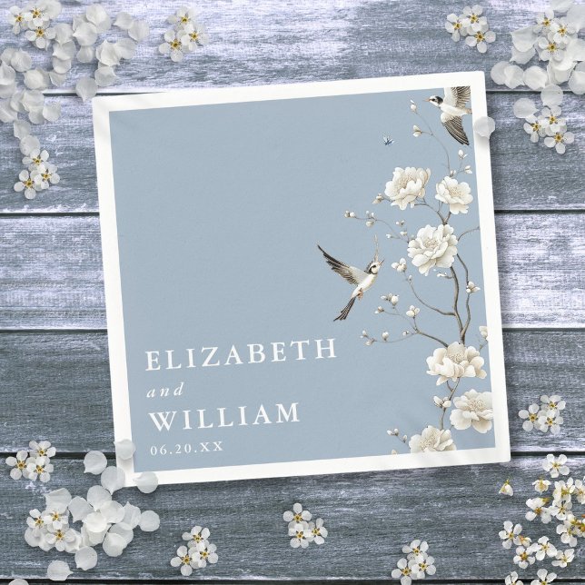 Dusty Blue Chinoiserie Blommigt Garden Wedding Pappersservett (Dusty Blue Chinoiserie Floral Garden Wedding Napkins)