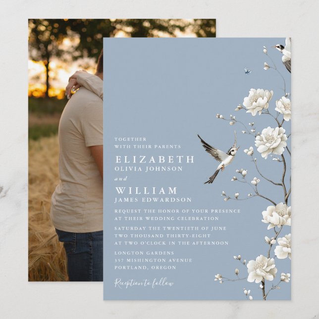 Dusty Blue Chinoiserie Blommigt Garden Wedding Pho Inbjudningar (Fram/baksida)