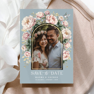 Dusty Blue Chinoiserie Blommigt Photo Save Date Inbjudningar
