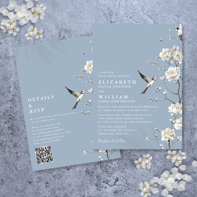 Dusty Blue Chinoiserie Blommigt QR Code Bröllop Inbjudningar (Dusty Blue Chinoiserie Floral QR Code Wedding Invitation)