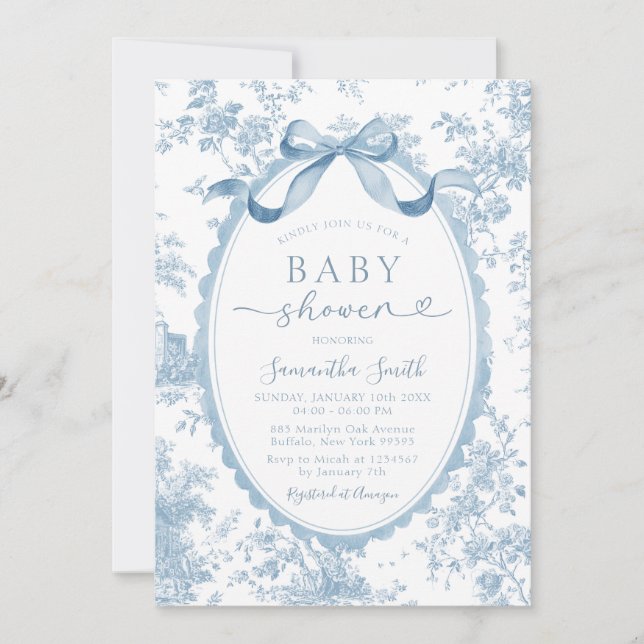 Dusty Blue Chinoiserie Bow Toile Girl Baby Shower Inbjudningar (Framsida)