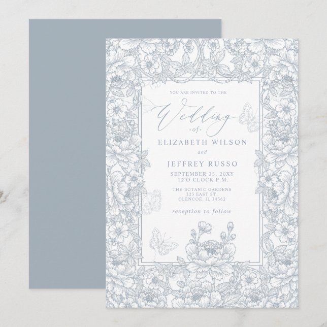 Dusty Blue Chinoiserie Floral Botanical Wedding Inbjudningar (Fram/baksida)