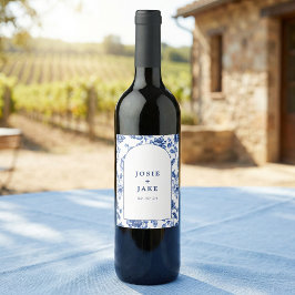 Dusty Blue Chinoiserie Floral Custom Wedding Vinflaska Etikett