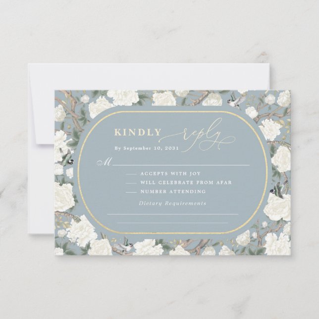 Dusty Blue Chinoiserie Ivory Flowers Bröllop OSA Kort (Framsida)