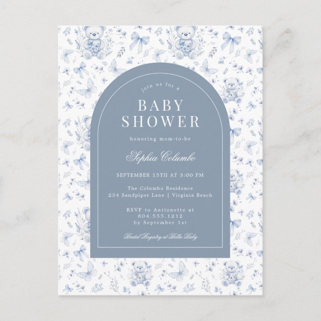 Dusty Blue Chinoiserie Nalle och Bows Baby Vykort (Framsida)