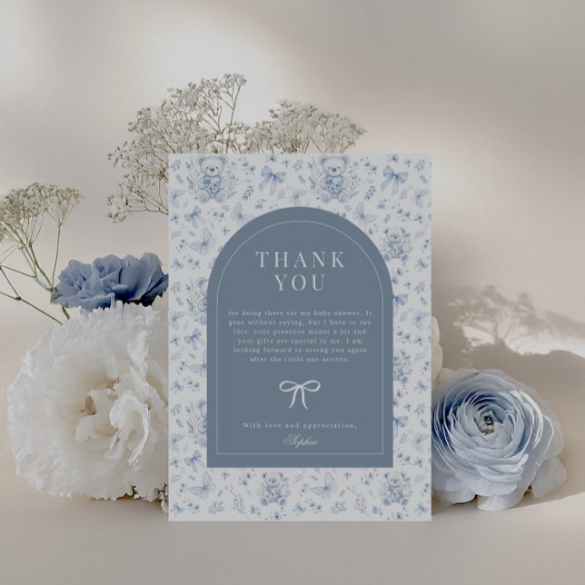 Dusty Blue Chinoiserie Nalle Tack Vykort (Blue Chinoiserie Teddy Bear Baby Shower Thank You )