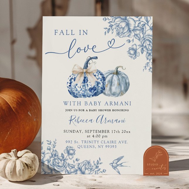Dusty Blue Chinoiserie Pumpkin Fall In Love Dusch Inbjudningar (Skapare uppladdad)