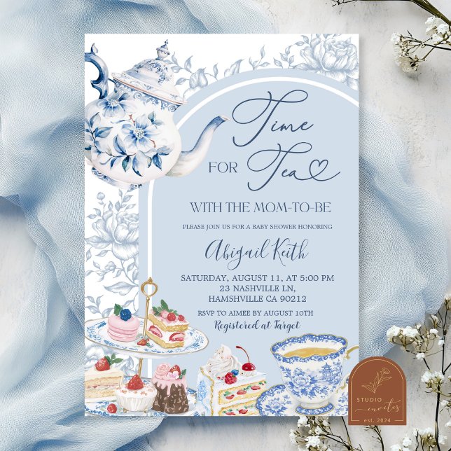 Dusty Blue Chinoiserie Tekann Baby Shower inbjudan (Skapare uppladdad)