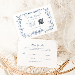 Dusty Blue Chinoiserie Traditionell kod och QR-k OSA Kort