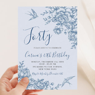 Dusty Blue Chinoiserie Vintage Blommigt Birthday Inbjudningar