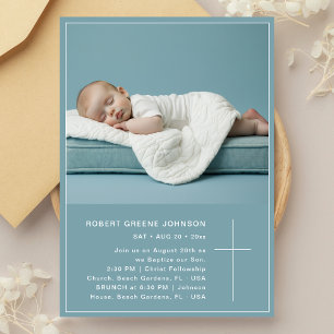Dusty Blue Christening Photo Pojke Baptism Inbjudningar