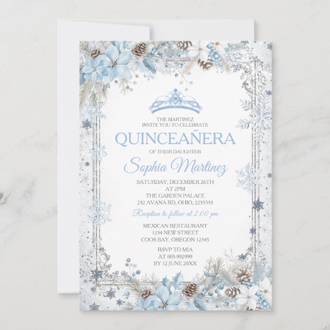 Dusty Blue Christmas Floral Snowflake Quinceañera Inbjudningar (Framsida)