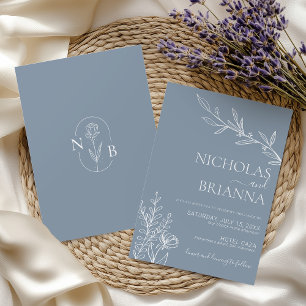 Dusty Blue Classialist Modern Boho Bröllop Inbjudningar