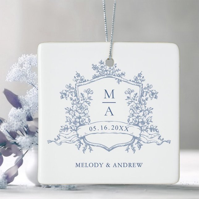 Dusty Blue Classic Floral Crest Wedding Photo  Julgransprydnad Keramik (Skapare uppladdad)