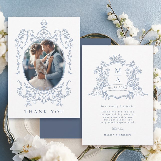 Dusty Blue Classic Floral Frame Wedding Photo      Tack Kort (Front & Back)