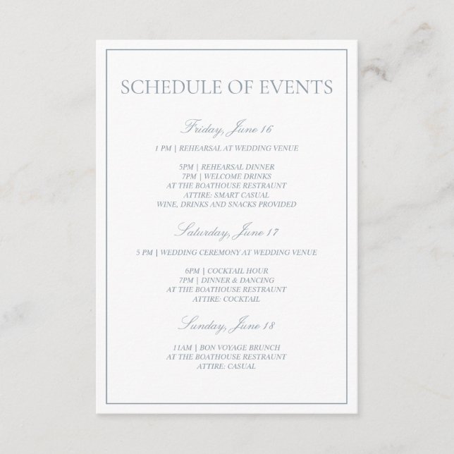 Dusty Blue Classic Script Schedule of Events Tilläggskort (Framsida)