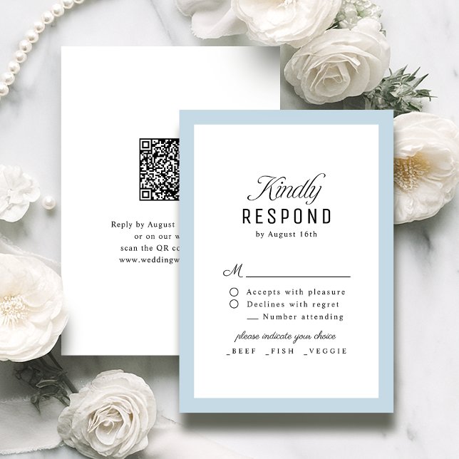 Dusty Blue Classy Script Elegant QR code Wedding OSA Kort (Dusty Blue Classy Script Elegant QR code Wedding RSVP Card)