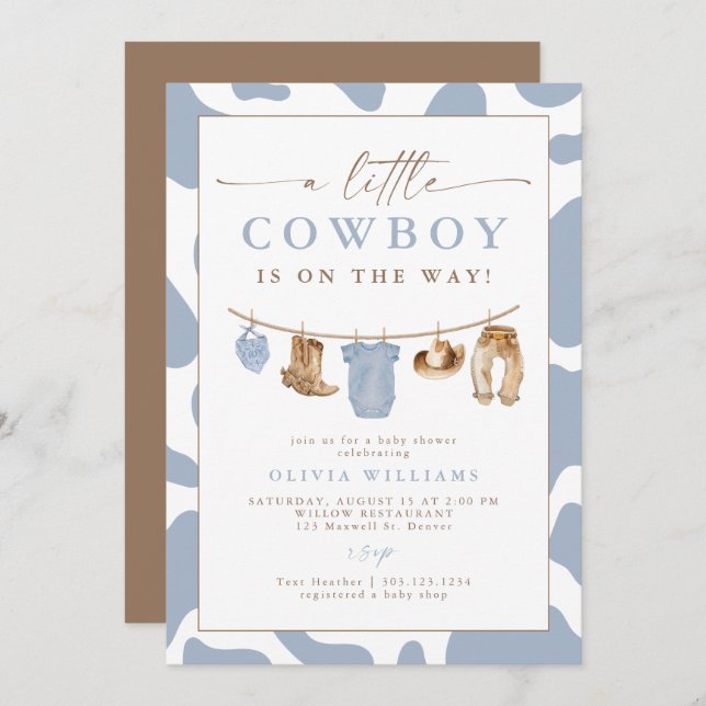 Dusty Blue Clothesline Little Cowboy Baby Shower Inbjudningar (Fram/baksida)