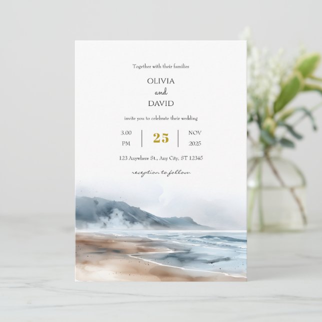 Dusty Blue Coastal Misty Shoreline Beach Wedding Inbjudningar (Stående Fram)