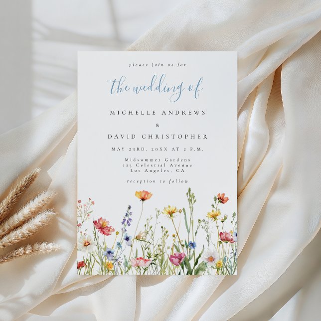 Dusty Blue Colorful Rustic Wildflower Wedding Inbjudningar (Skapare uppladdad)