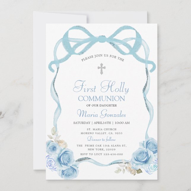 Dusty Blue Coquett Ribbon First Heliga Communion Inbjudningar (Framsida)