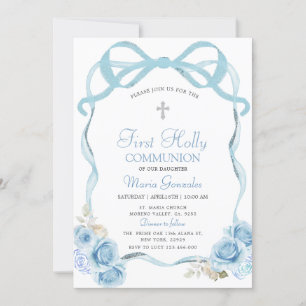 Dusty Blue Coquett Ribbon First Heliga Communion Inbjudningar