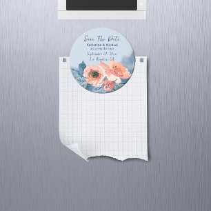 Dusty Blue & Coral Rosa Watercolor Blommigt Bröllo Magnet