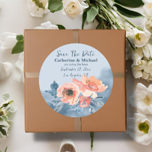 Dusty Blue & Coral Rosa Watercolor Blommigt Bröllo Runt Klistermärke