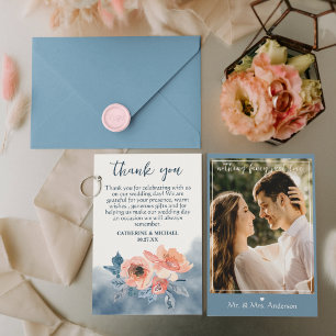 Dusty Blue & Coral Rosa Watercolor Blommigt Bröllo Tack Kort