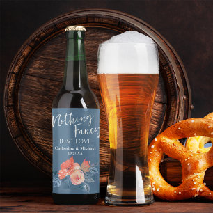 Dusty Blue & Coral Rosa Watercolor Blommigt Bröllo Vinflaska Etikett