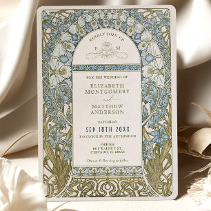 Dusty Blue Cornblomma Bröllop Art nouveau Mucha Inbjudningar