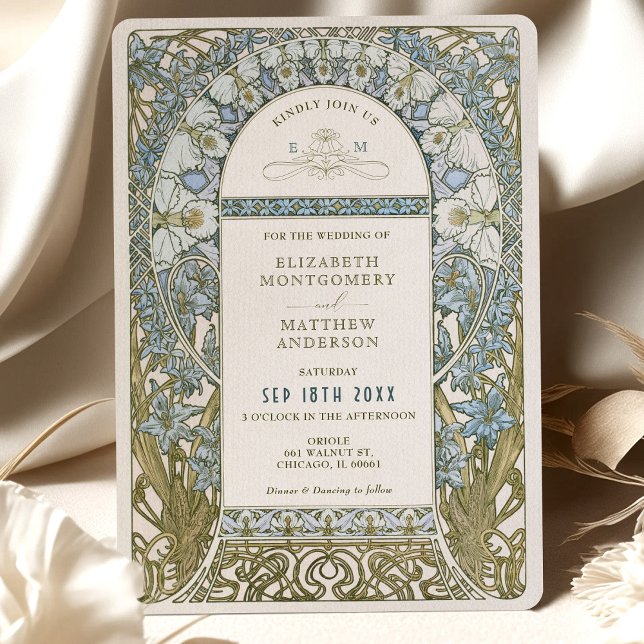 Dusty Blue Cornblomma Bröllop Art nouveau Mucha Inbjudningar (Skapare uppladdad)